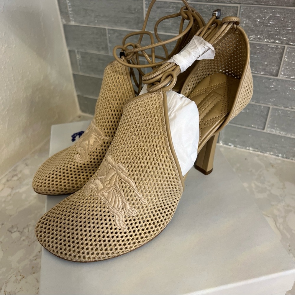 Burberry Mesh Tie Heel in the color Cord. Blue Glitter Soles. New in Box 39.5